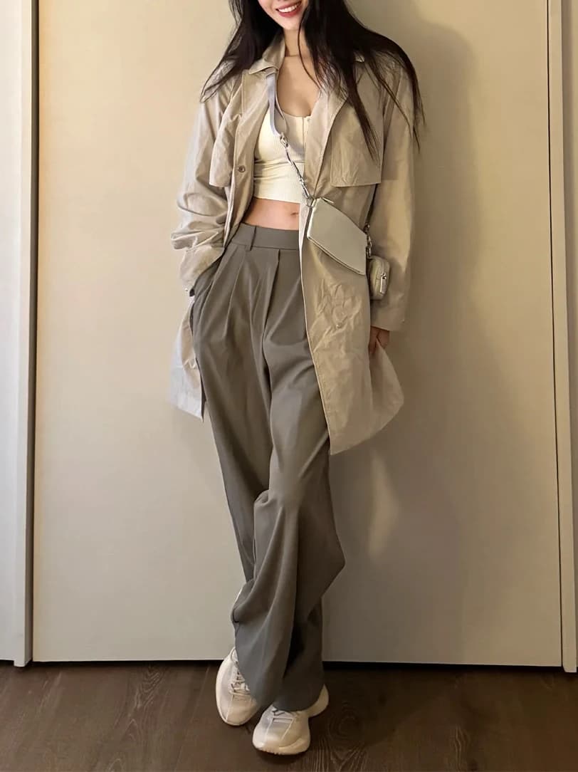 Pocketed suit pants with pleats, cool feeling, versatile wide-legged, long pants, casual, straight-cut, elastic waist image