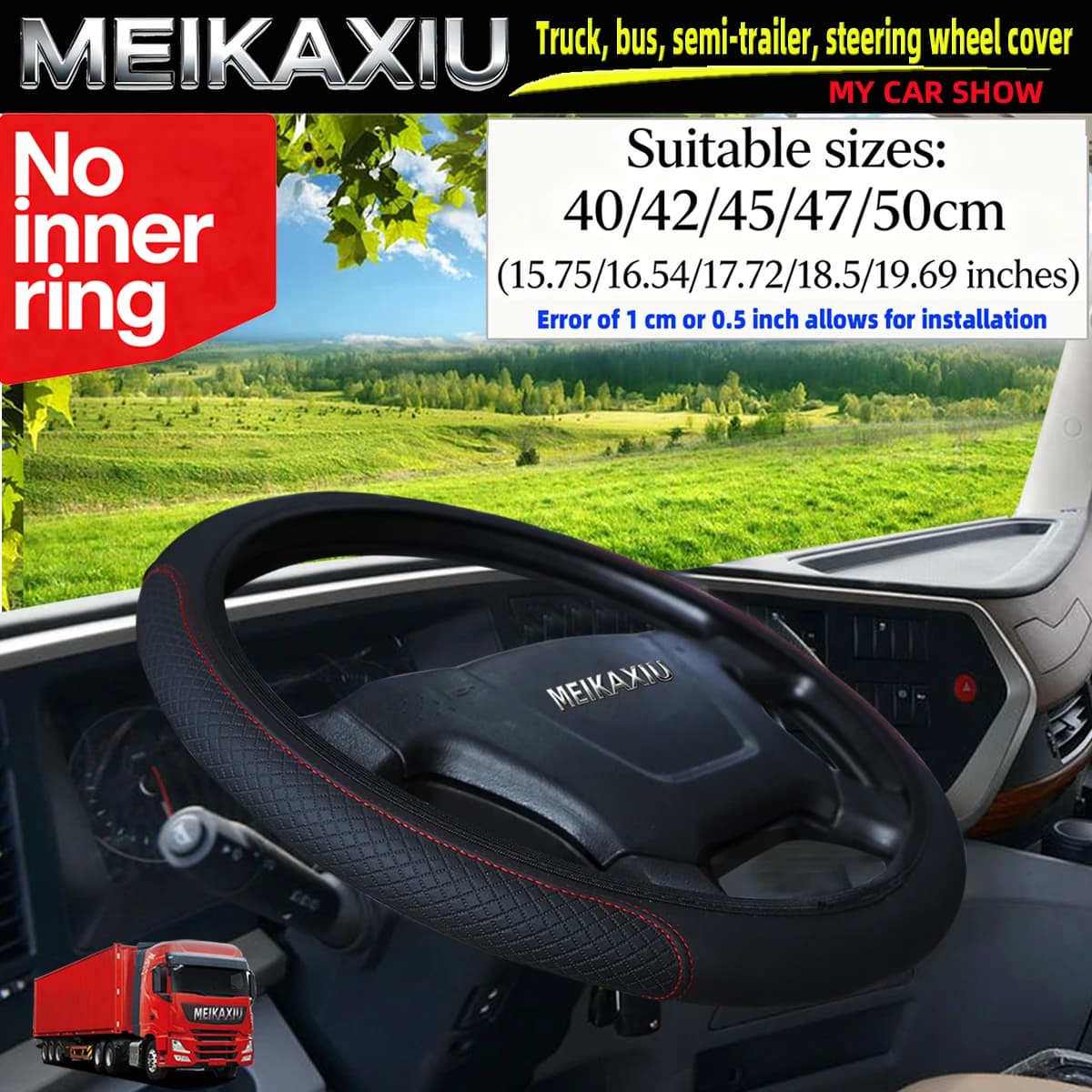 Large-Sized Double-Round 3D PU Leather Steering Wheel Cover for Truck Van Bus Coach Car Accessory in Multiple Sizes 40/42/45/45 image