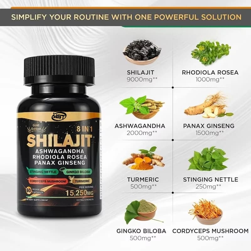 Shilajit South African Drunken Eggplant, Rhodiola Rosea, Ginseng, Cordyceps Sinensis, Mushrooms, Ginkgo Biloba Leaves, Turmeric image